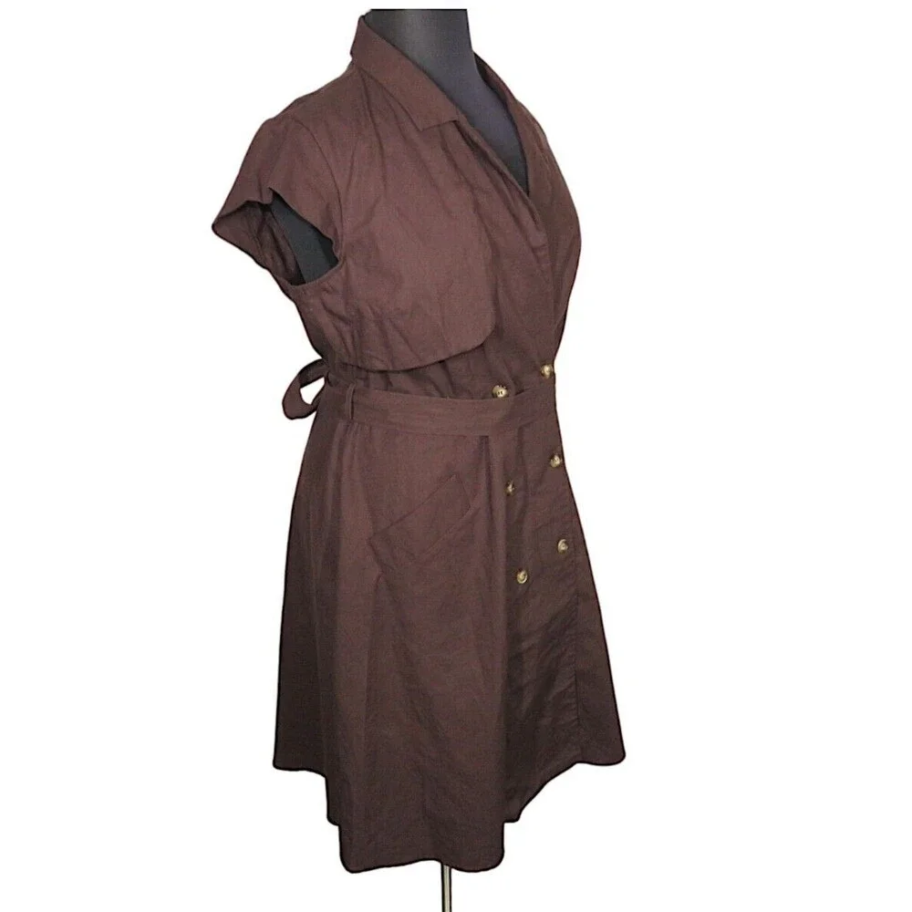 City Chic Women's Brown Linen Blend Button Front Belted Dress Plus Size 18 - Picture 12 of 12
